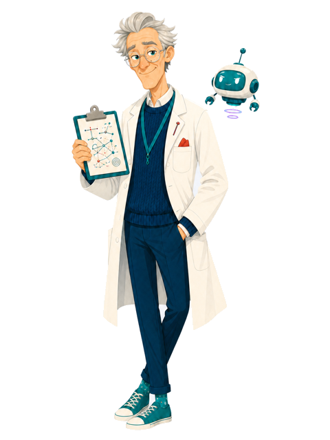 A playful antihero lab mentor with a tiny robot helper